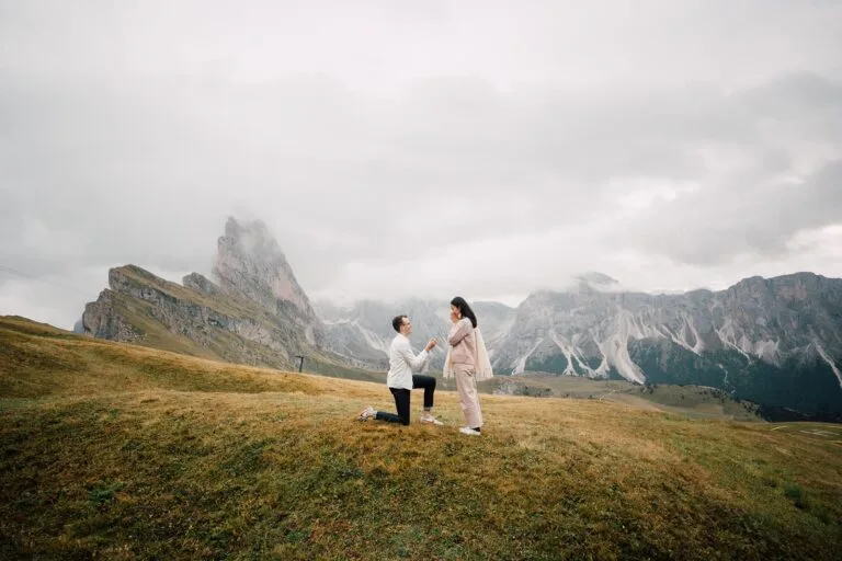 surprise proposal photographer seceda dolomites